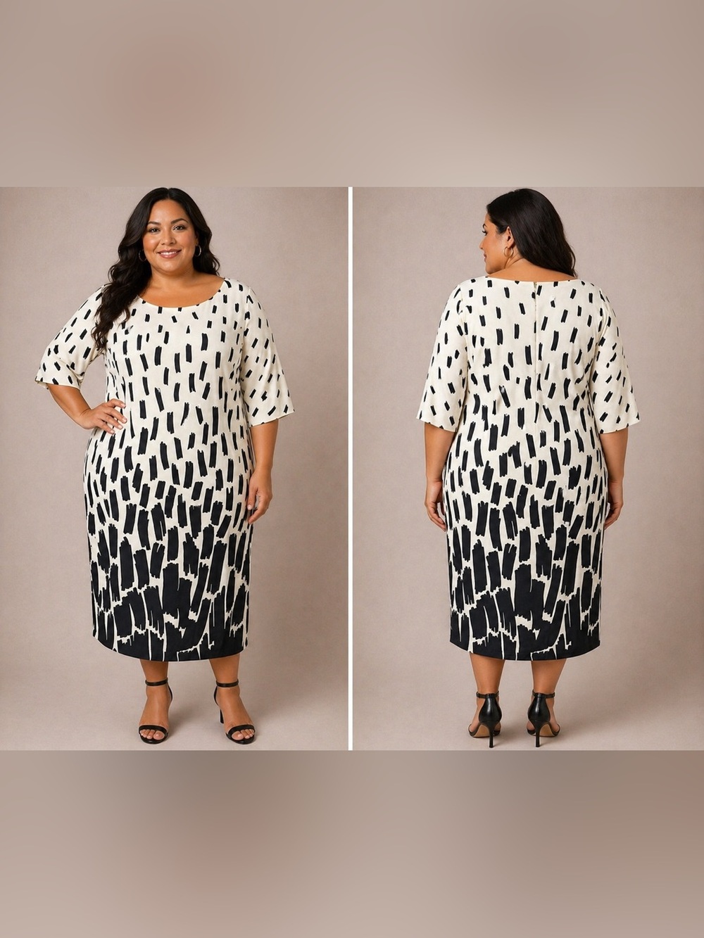 Tahari Black and Cream Brushstroke Midi Dress